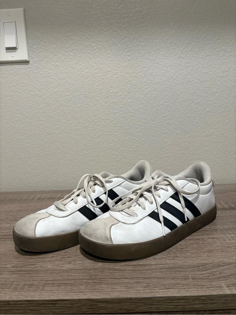 adidas Kids White Sneakers with Black Stripes and Brown Soles